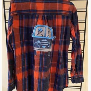 Upcycled Flannel Shirt w/Butler Bulldogs ‘Go Dawgs’ VW Bus Graphic Size M